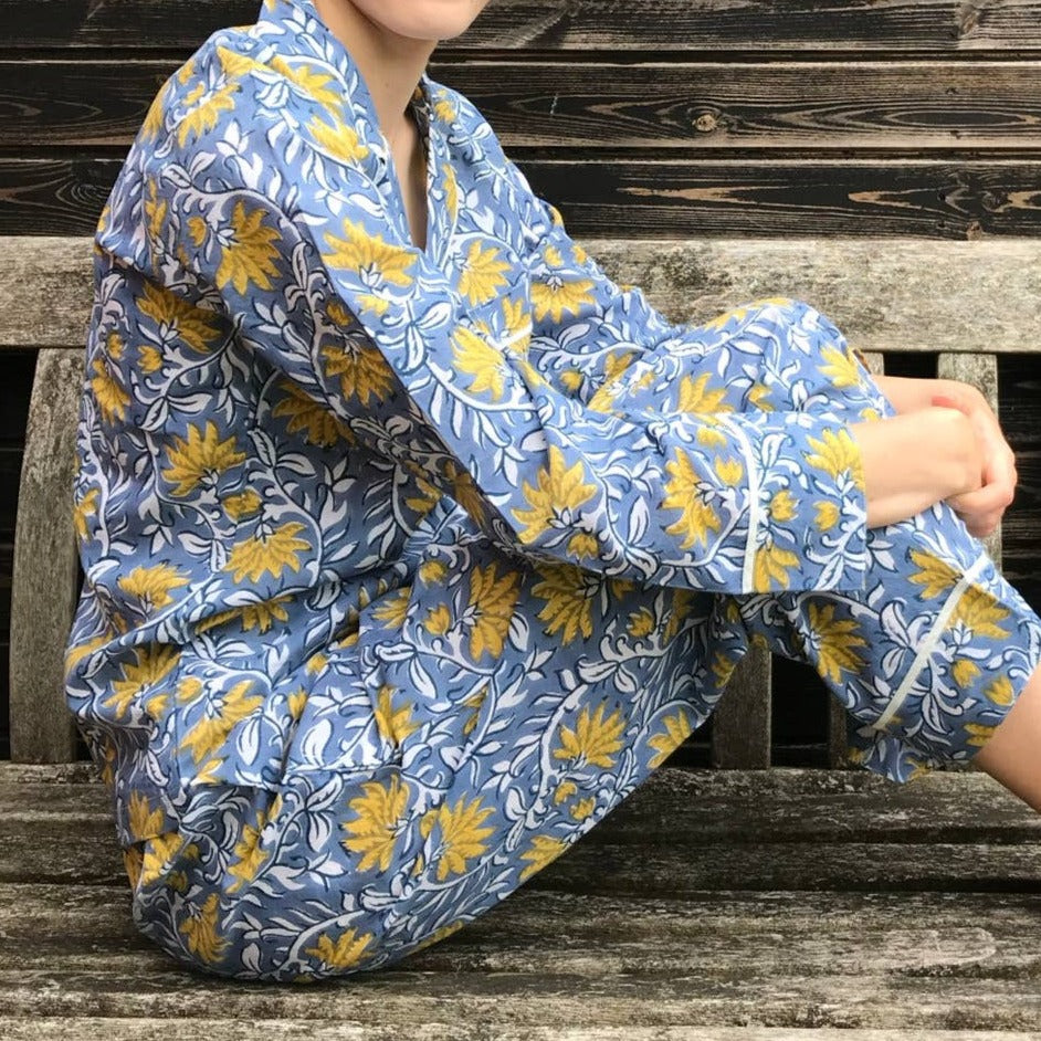 Block Printed Cotton Pajamas "Blue Flower"