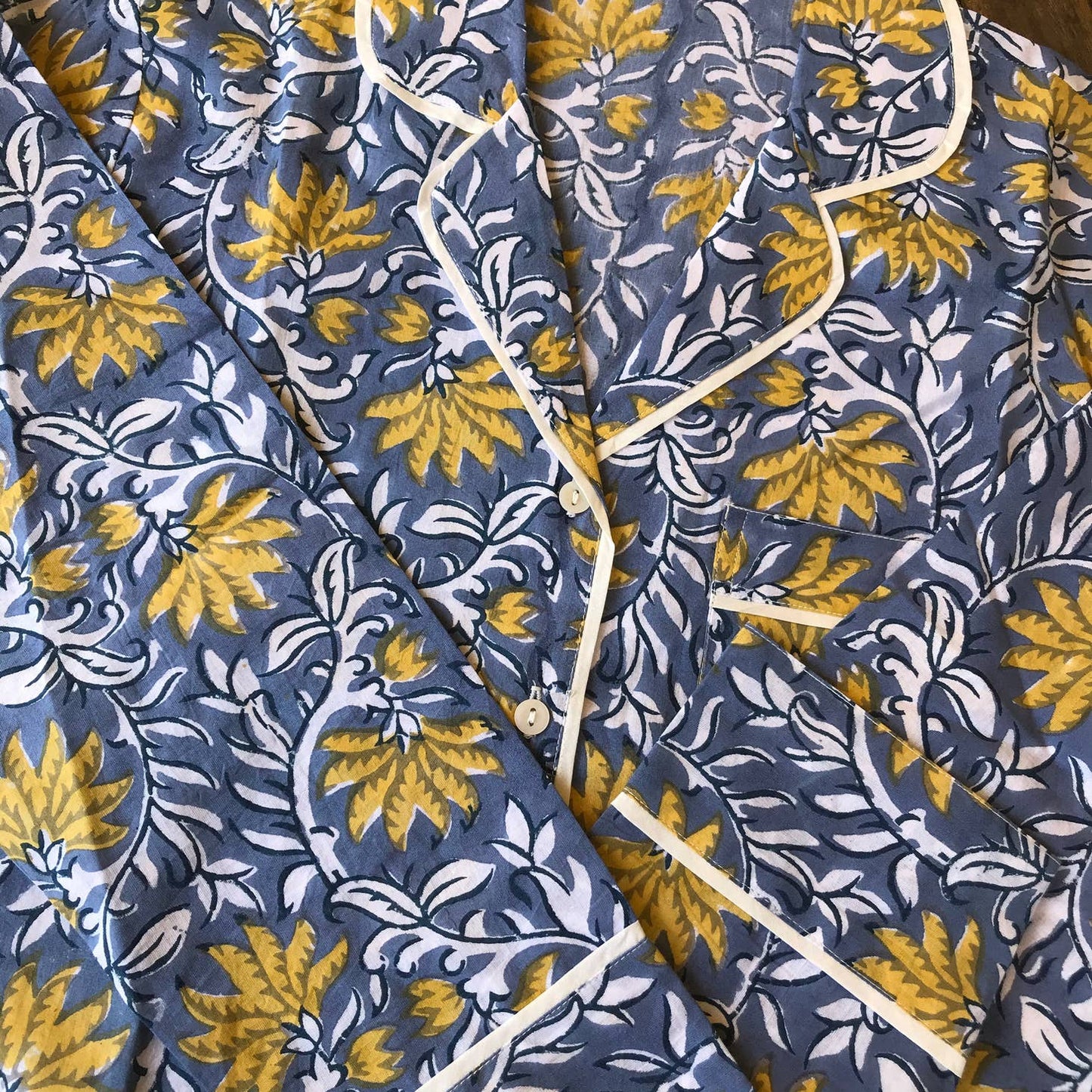 Block Printed Cotton Pajamas "Blue Flower"