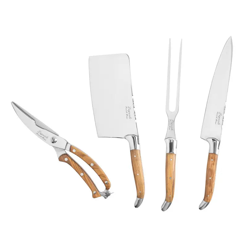 4-Piece Laguiole Chef Knife Set Olive Wood Handles