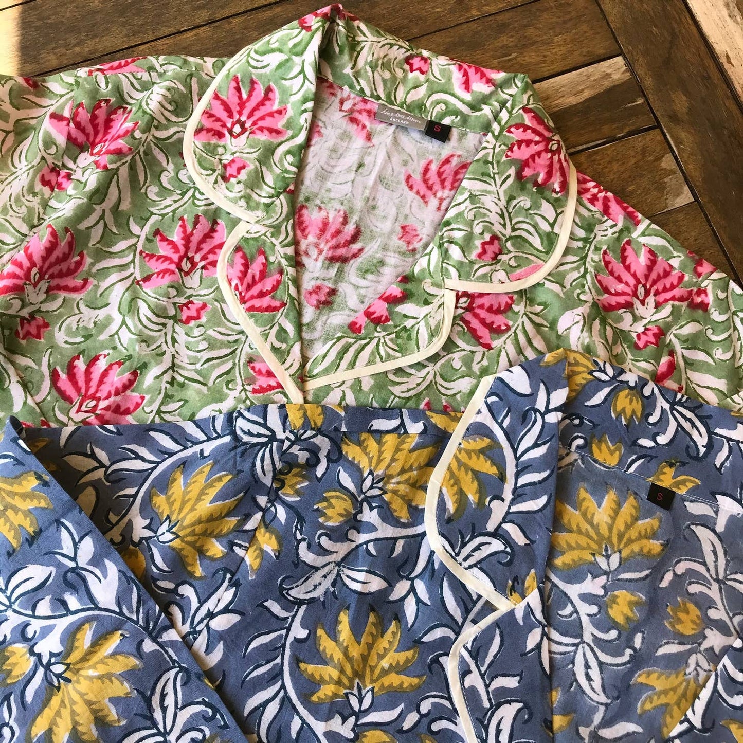 Block Printed Cotton Pajamas "Green and Pink Floral"