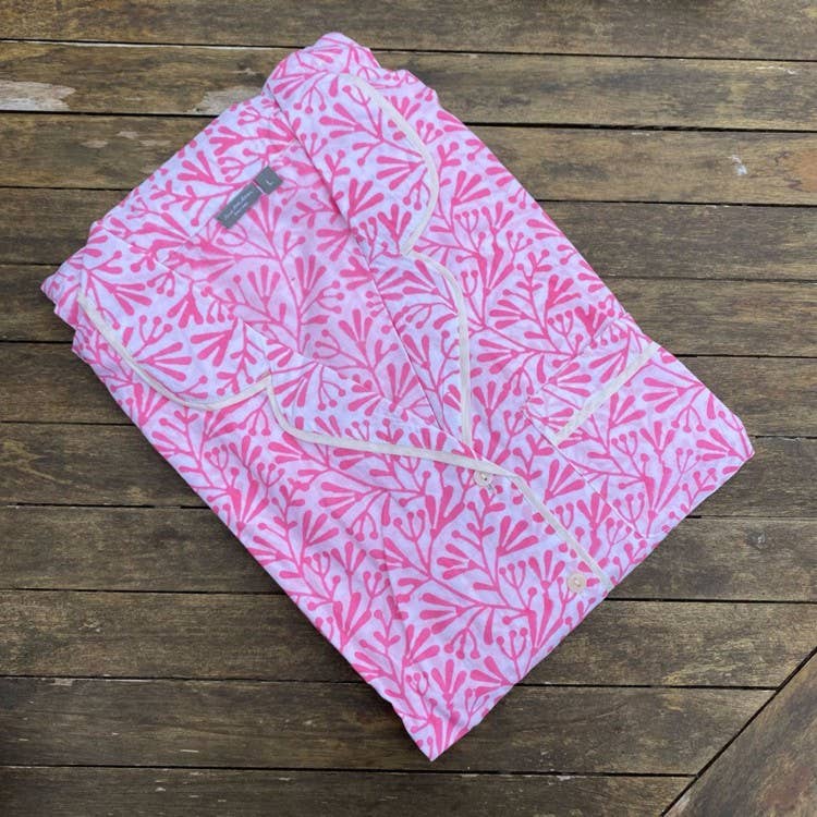 Block Printed Cotton Pajamas "Pink Bud"