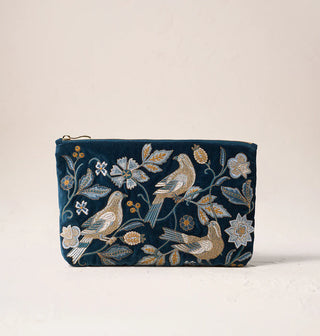 Botanical Birds Velvet Everyday Pouch: Ink Blue