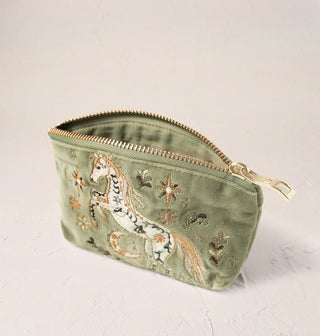 Mystical Horse Velvet Coin Purse: Olive