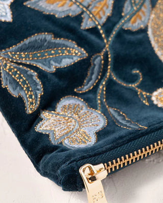 Botanical Birds Velvet Everyday Pouch: Ink Blue
