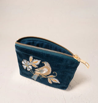 Botanical Birds Velvet Coin Purse: Ink Blue