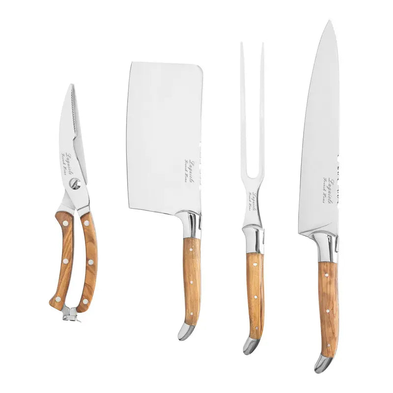 4-Piece Laguiole Chef Knife Set Olive Wood Handles