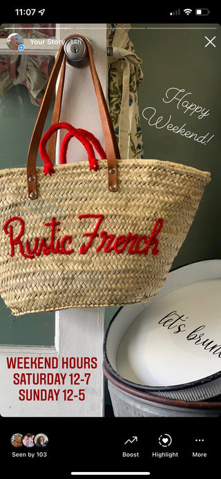 Straw Bag - Rustic French Monogrammed Bag with Leather Handles
