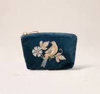 Botanical Birds Velvet Mini Pouch: Ink Blue