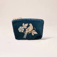 Botanical Birds Velvet Coin Purse- Ink Blue