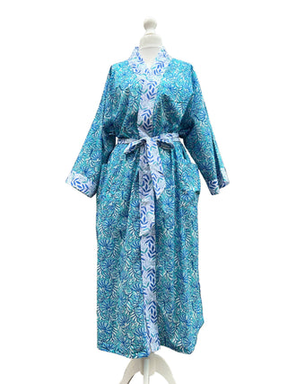 Long Cotton Kimono: Jaipur Turquoise & Blue