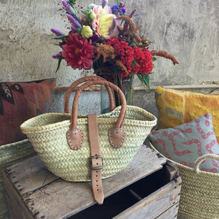 Small French Straw Basket Purse with Leather Buckle