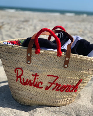 Straw Bag - Rustic French Monogrammed Bag with Leather Handles