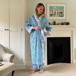 Long Cotton Kimono - Jaipur Turquoise & Blue
