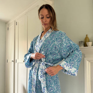 Long Cotton Kimono - Jaipur Turquoise & Blue